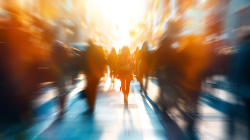 Double exposure of crowded street